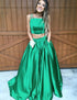 Two Piece Square Neck Spaghetti Strap Sweep Train Green Satin Prom Dress  with Pockets LBQ0008